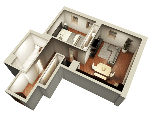 Floor plan for 1 bed, 1 bath, 743 sqft